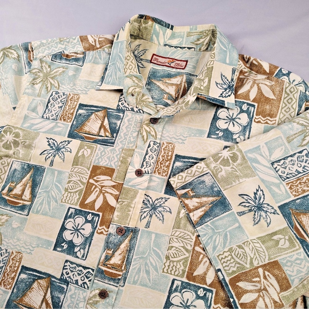 Paradise Blue XXL Tropical Hawaiian Shirt Sailboat Beach Resort Camp Aloha Palm